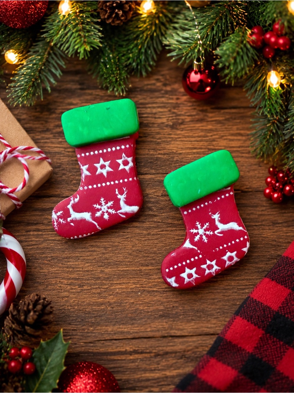 Red Christmas Stocking Handmade Polymer Clay Earrings with Green Top